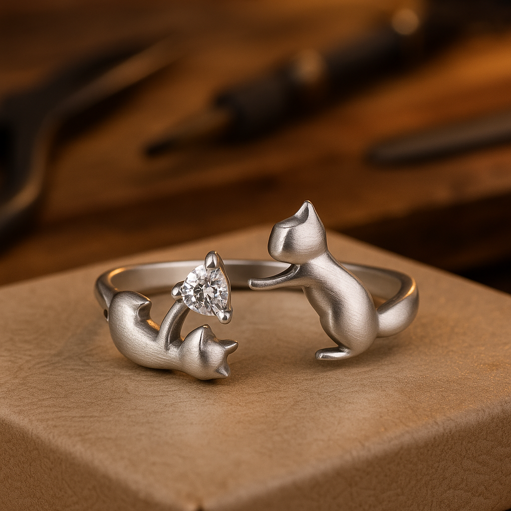 Bague réglable en argent sterling avec un chat joueur et des zircons cubiques scintillants